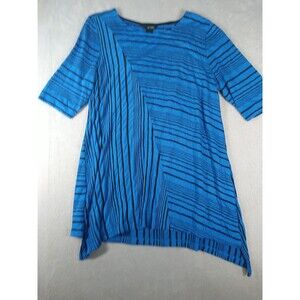 Ali Miles Tunic Top Women's Large Blue Asymmetrical Artsy Shirt half Sleeve stri